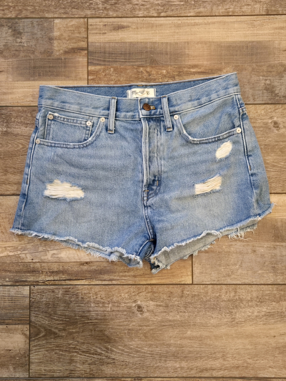 Madewell High-Rise Denim Shorts Light Wash Distressed Raw Hem Size 27 Waist 31